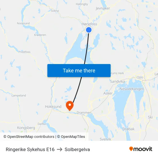 Ringerike Sykehus E16 to Solbergelva map