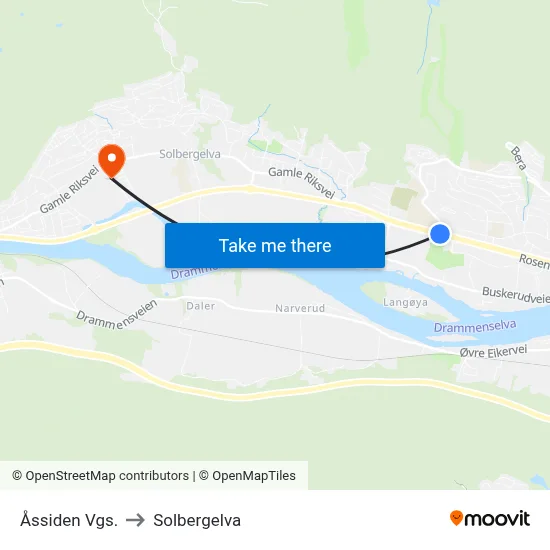 Åssiden Vgs. to Solbergelva map