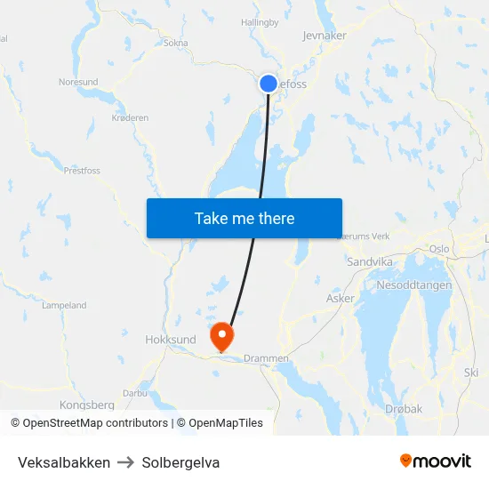 Veksalbakken to Solbergelva map