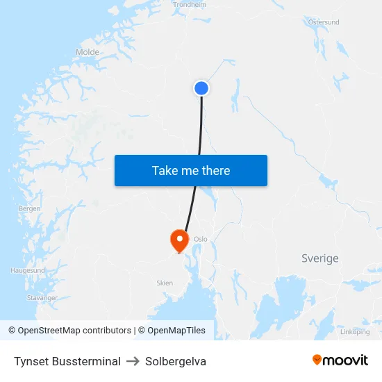 Tynset Bussterminal to Solbergelva map
