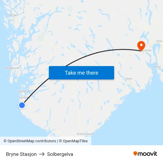 Bryne Stasjon to Solbergelva map