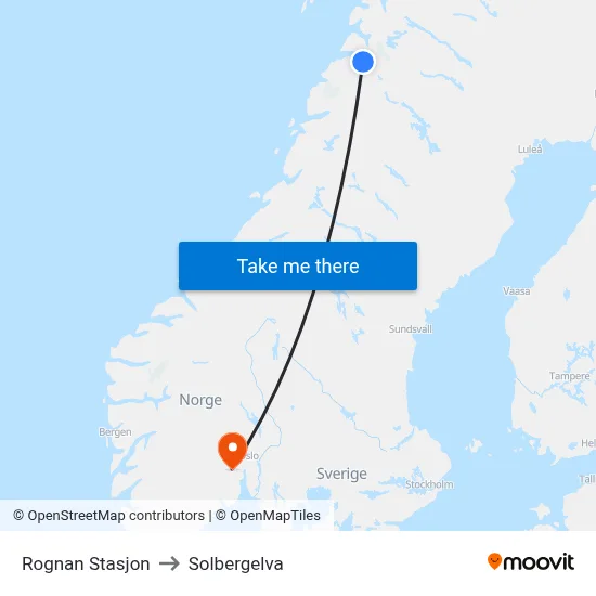 Rognan Stasjon to Solbergelva map
