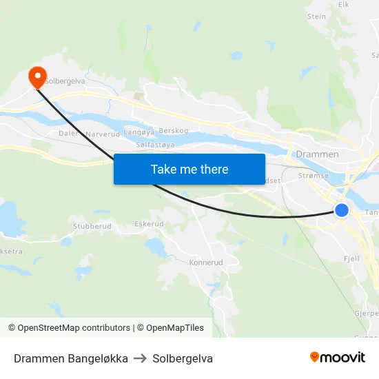 Drammen Bangeløkka to Solbergelva map