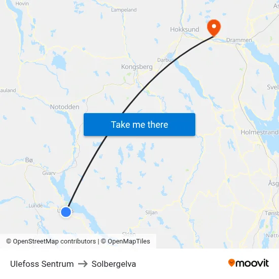 Ulefoss Sentrum to Solbergelva map
