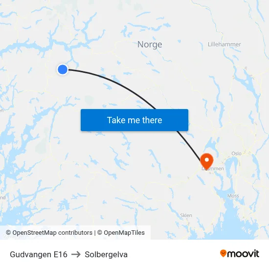 Gudvangen E16 to Solbergelva map