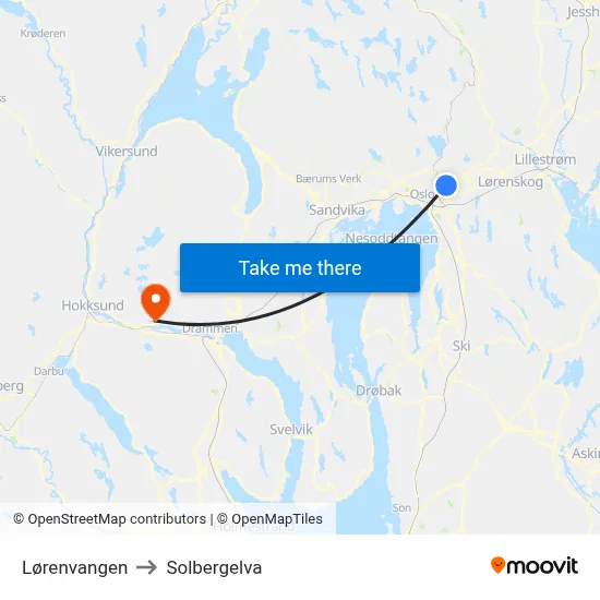 Lørenvangen to Solbergelva map