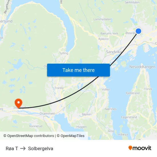 Røa T to Solbergelva map