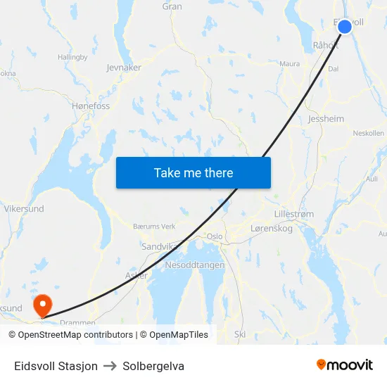 Eidsvoll Stasjon to Solbergelva map