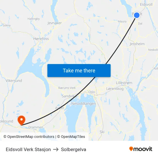 Eidsvoll Verk Stasjon to Solbergelva map