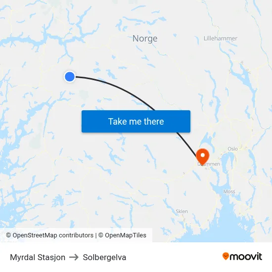 Myrdal Stasjon to Solbergelva map