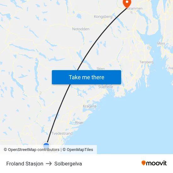 Froland Stasjon to Solbergelva map