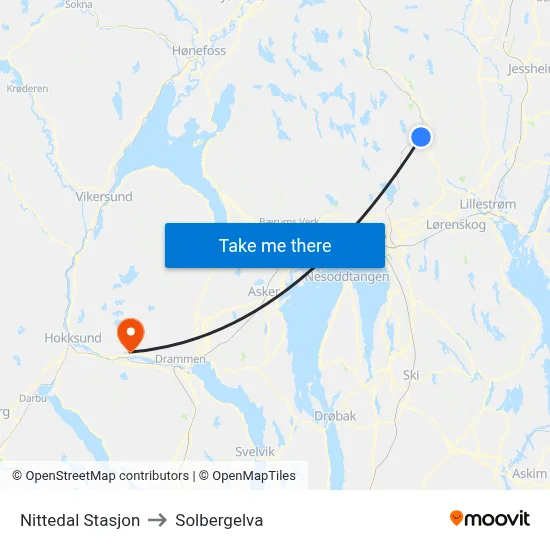 Nittedal Stasjon to Solbergelva map