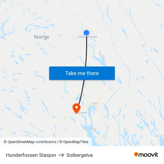 Hunderfossen Stasjon to Solbergelva map