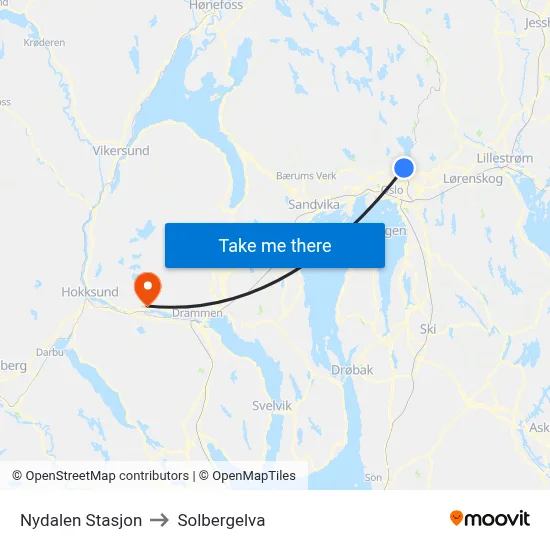 Nydalen Stasjon to Solbergelva map