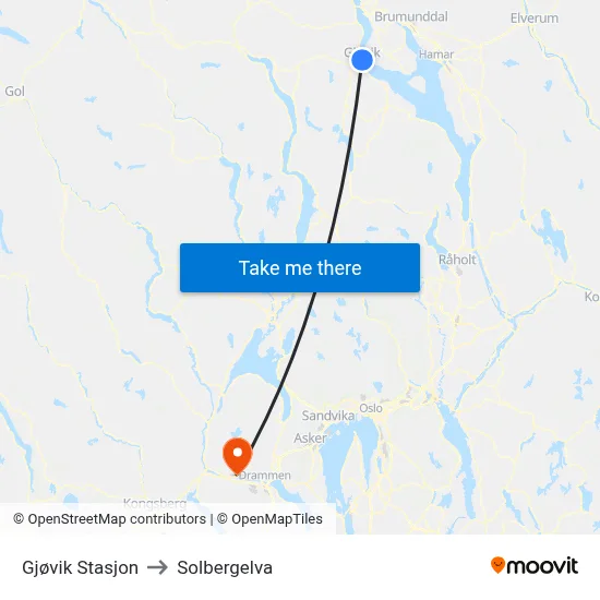 Gjøvik Stasjon to Solbergelva map
