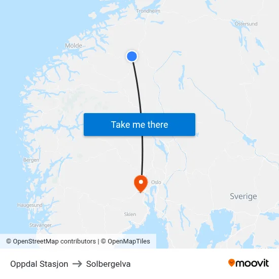 Oppdal Stasjon to Solbergelva map