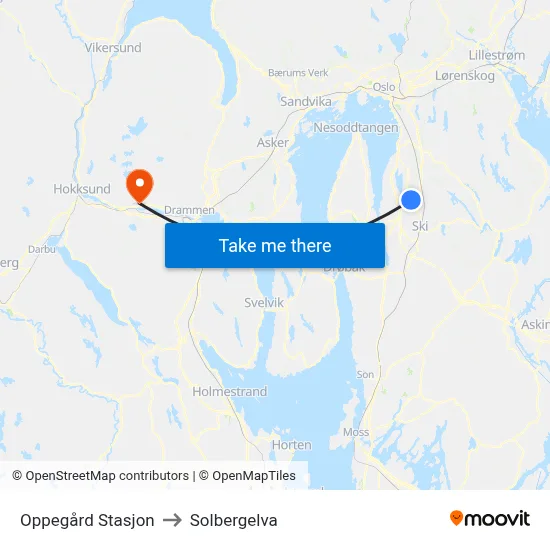 Oppegård Stasjon to Solbergelva map