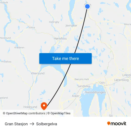 Gran Stasjon to Solbergelva map