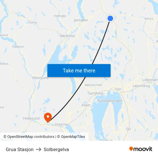 Grua Stasjon to Solbergelva map
