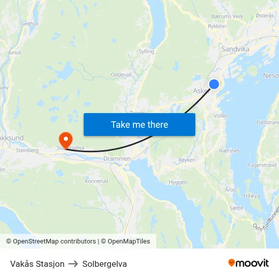 Vakås Stasjon to Solbergelva map