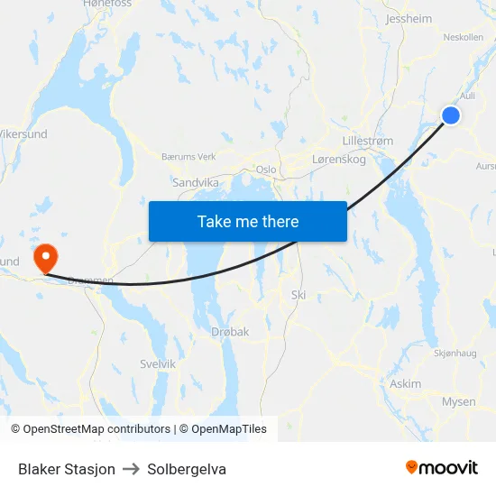 Blaker Stasjon to Solbergelva map