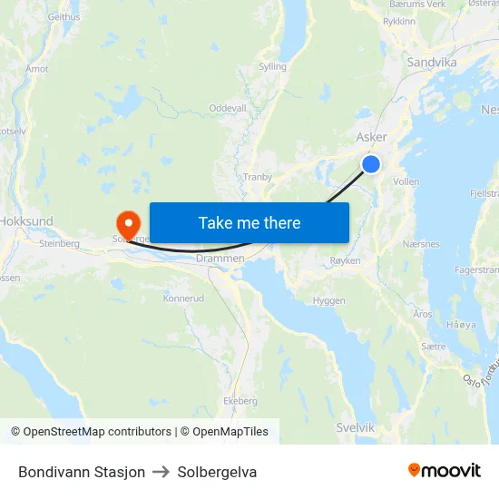 Bondivann Stasjon to Solbergelva map