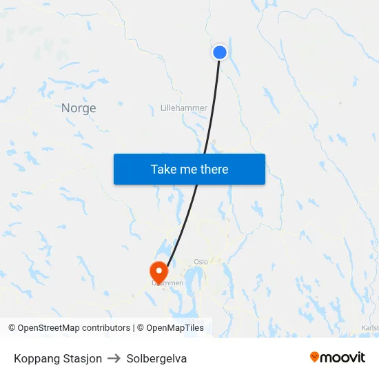 Koppang Stasjon to Solbergelva map