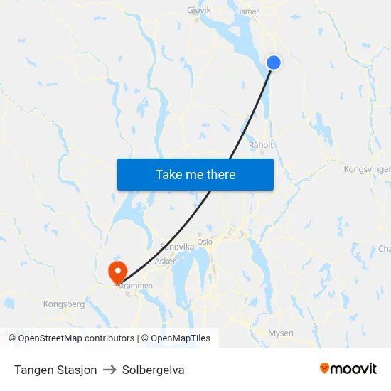 Tangen Stasjon to Solbergelva map
