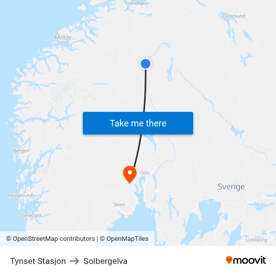 Tynset Stasjon to Solbergelva map