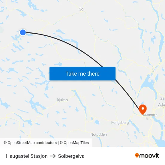 Haugastøl Stasjon to Solbergelva map