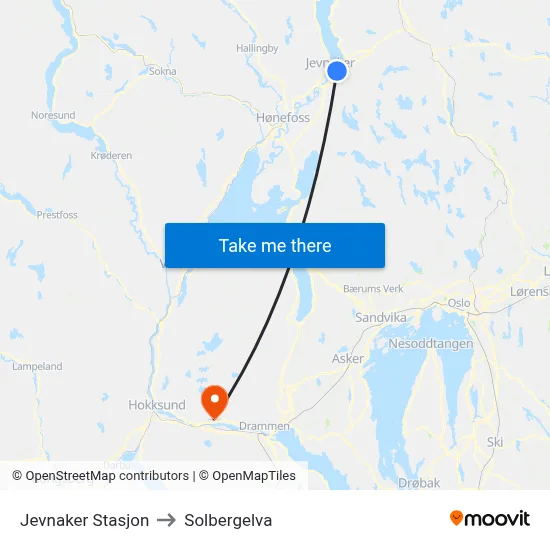 Jevnaker Stasjon to Solbergelva map