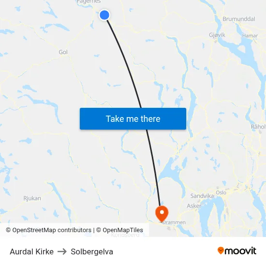 Aurdal Kirke to Solbergelva map