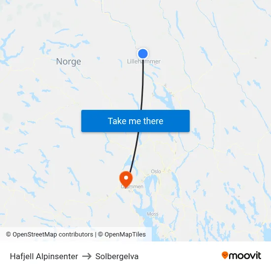 Hafjell Alpinsenter to Solbergelva map