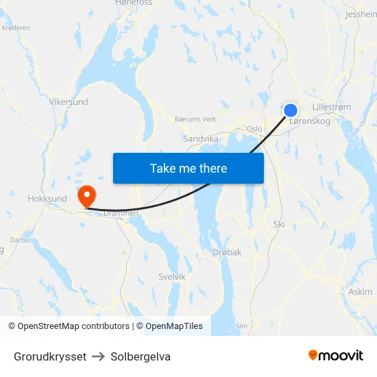 Grorudkrysset to Solbergelva map