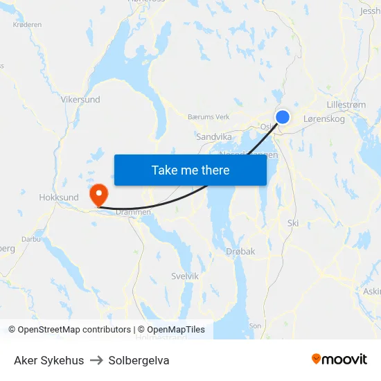 Aker Sykehus to Solbergelva map