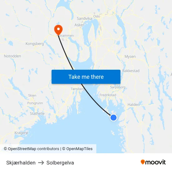 Skjærhalden to Solbergelva map
