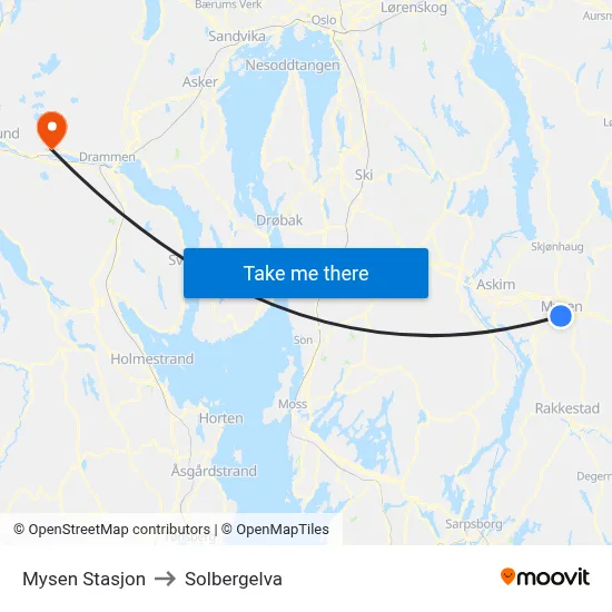 Mysen Stasjon to Solbergelva map
