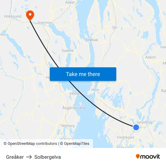 Greåker to Solbergelva map