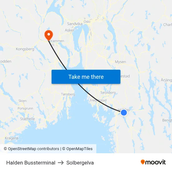Halden Bussterminal to Solbergelva map