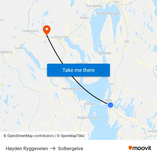 Høyden Ryggeveien to Solbergelva map