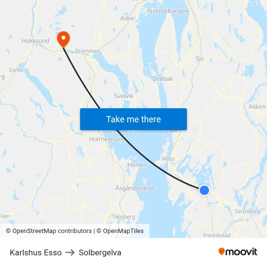 Karlshus Esso to Solbergelva map