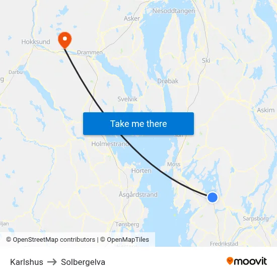 Karlshus to Solbergelva map