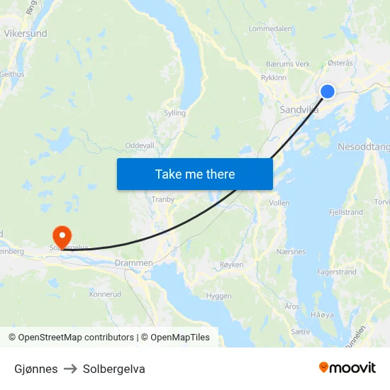 Gjønnes to Solbergelva map