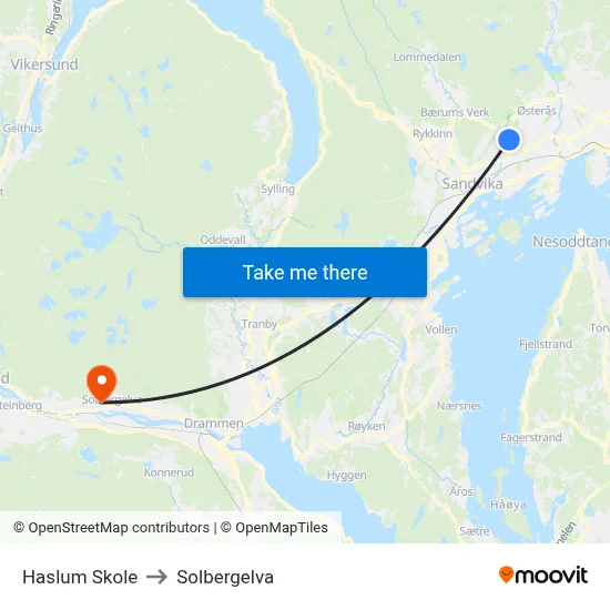 Haslum Skole to Solbergelva map