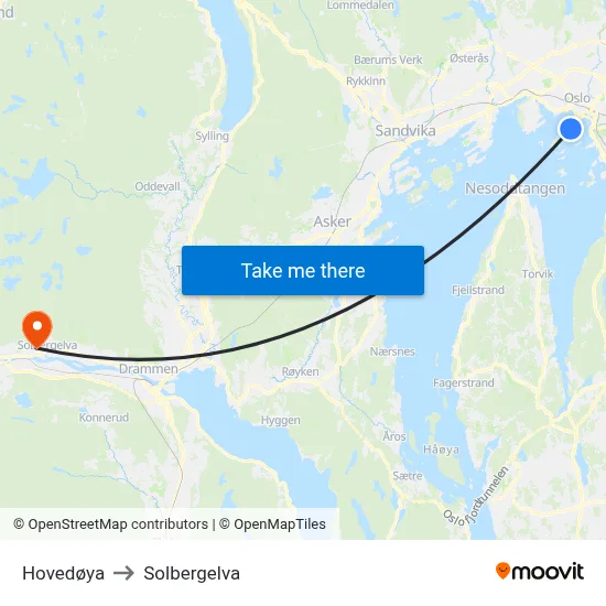 Hovedøya to Solbergelva map