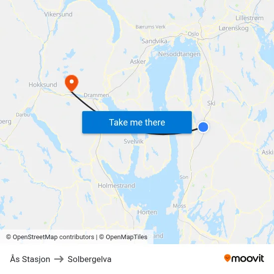 Ås Stasjon to Solbergelva map