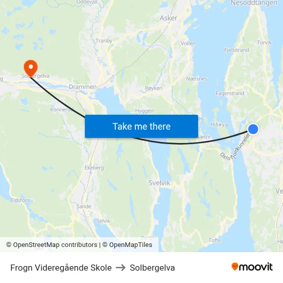 Frogn Videregående Skole to Solbergelva map