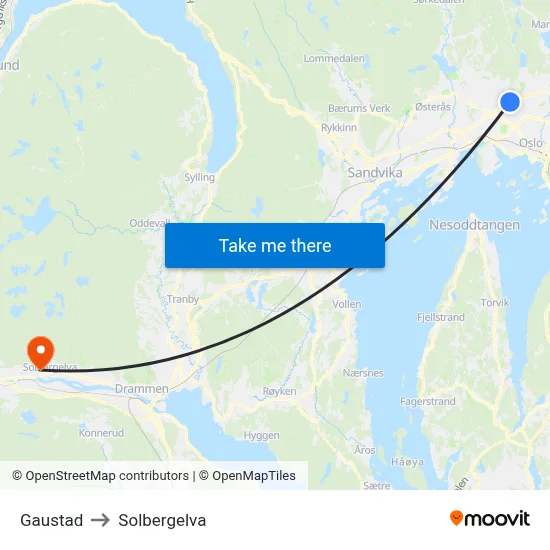 Gaustad to Solbergelva map