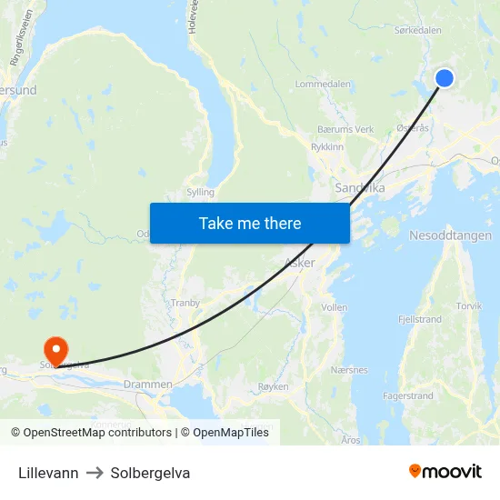 Lillevann to Solbergelva map