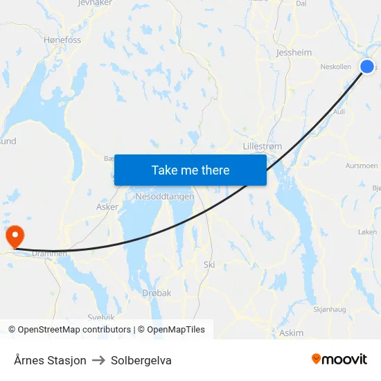 Årnes Stasjon to Solbergelva map